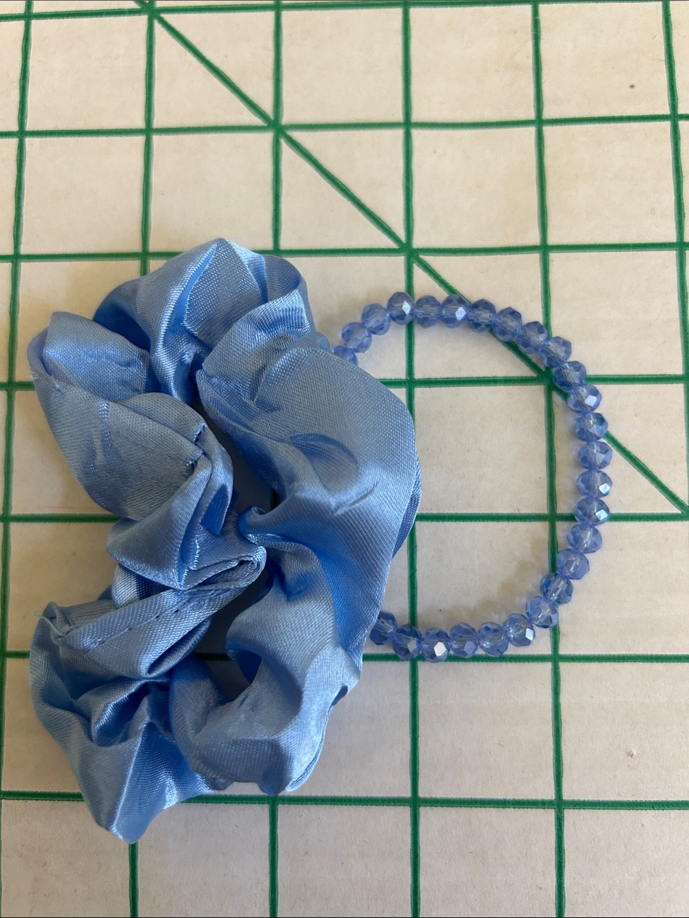 Light Blue Satin Scrunchie with Faceted Bead Hair Tie